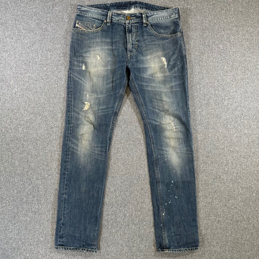 Diesel Thavar Slim Skinny Jeans Mens 34x32 Blue Distressed Denim Pants Y2K
